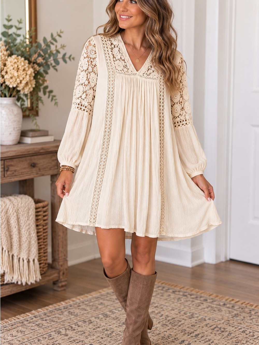 Ivory Lace Crochet Boho Mini Dress Size Small Long Sleeve Romantic Cottagecore